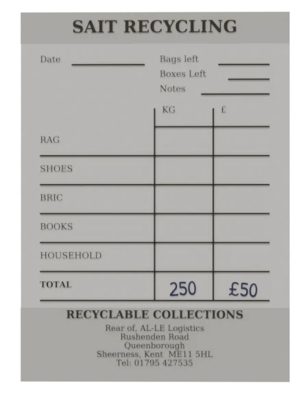 A Sait Recycling collection receipt, the shop’s copy, handed over at the door