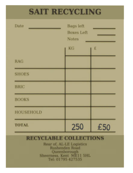 A Sait Recycling collection receipt, our copy, signed off and kept on file